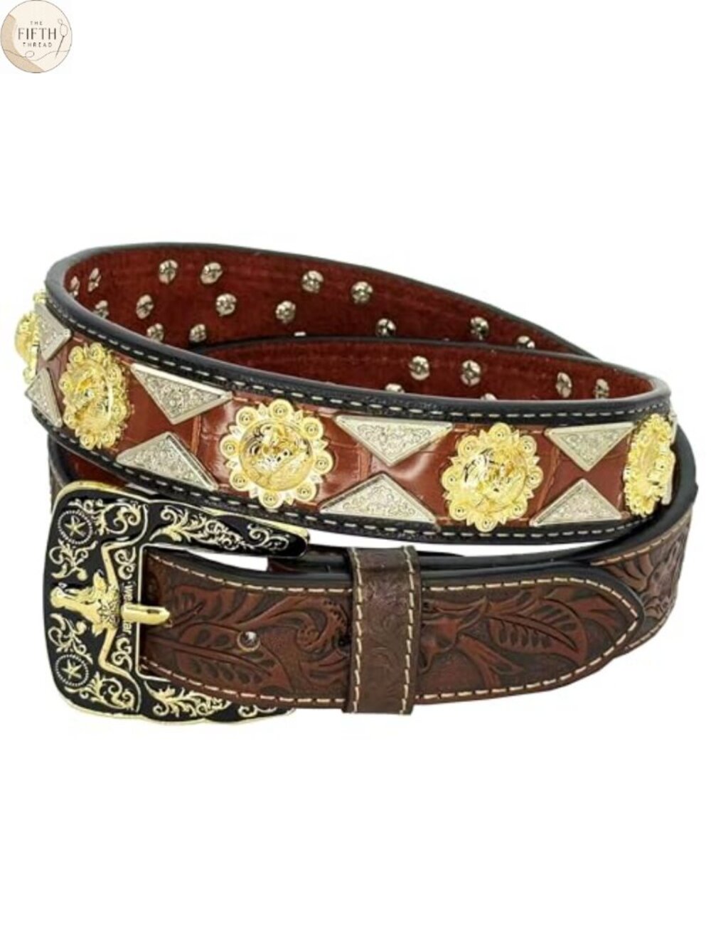 Genuine Leather Western Concho Belt Tooled Longhorn Buckle